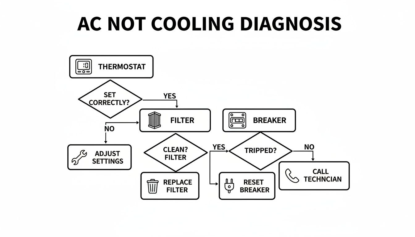 Flowchart for diagnosing an AC unit not cooling, covering thermostat, filter, and breaker checks.