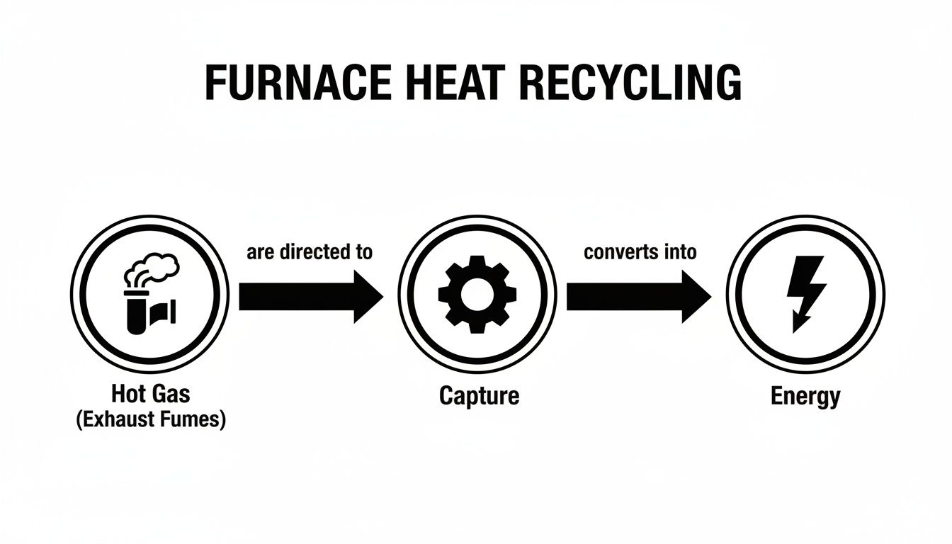 A diagram illustrates furnace heat recycling: hot gas from exhaust fumes is captured and converted into energy.