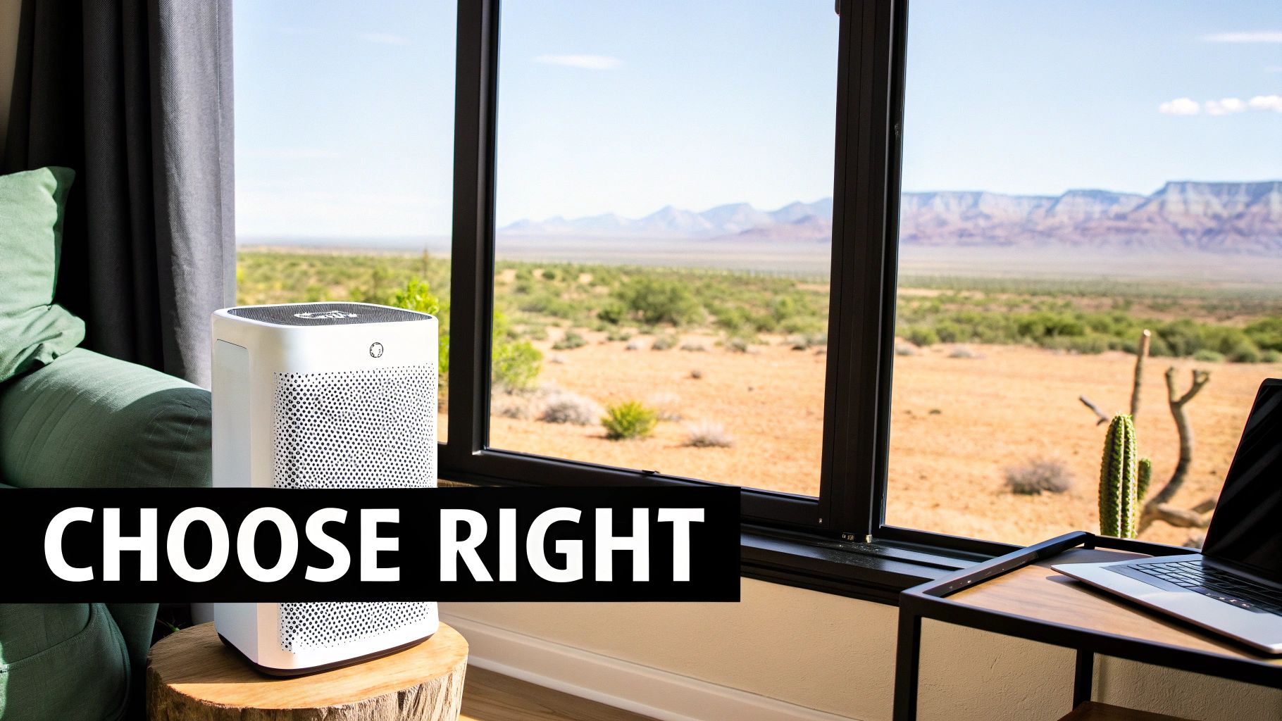 A white air purifier on a wooden stool next to a green couch, with a desert view through a window.