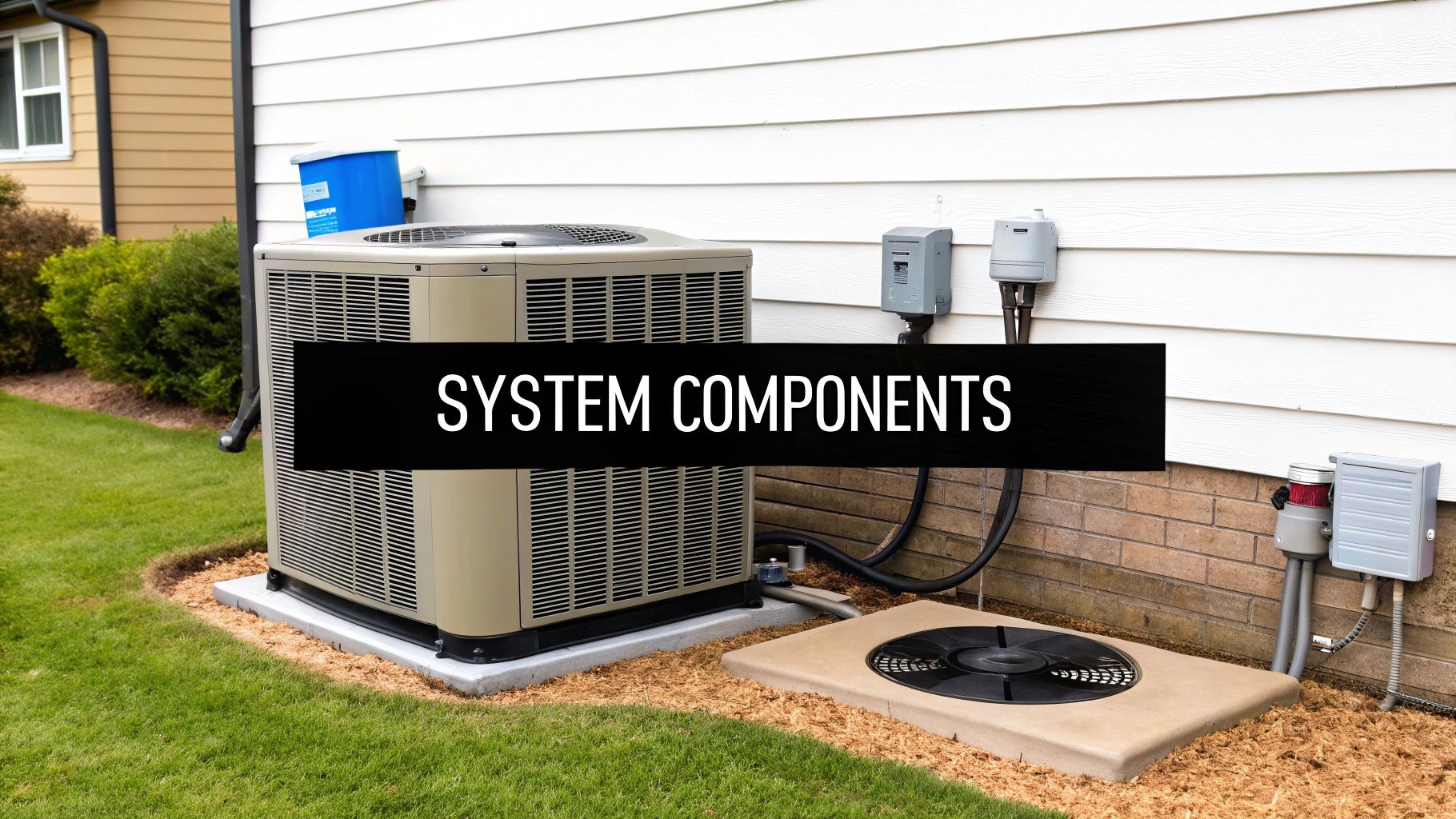 The outdoor unit of a central air system next to a clean, well-maintained house.