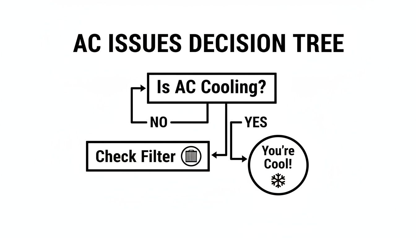 A simple flowchart titled 'AC Issues Decision Tree' for troubleshooting air conditioning cooling.