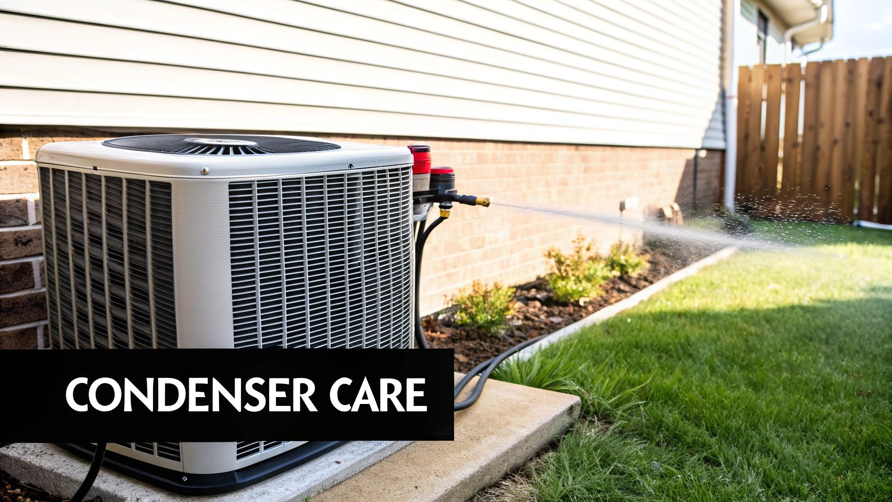 An outdoor air conditioning condenser unit is being cleaned with a water hose for maintenance.