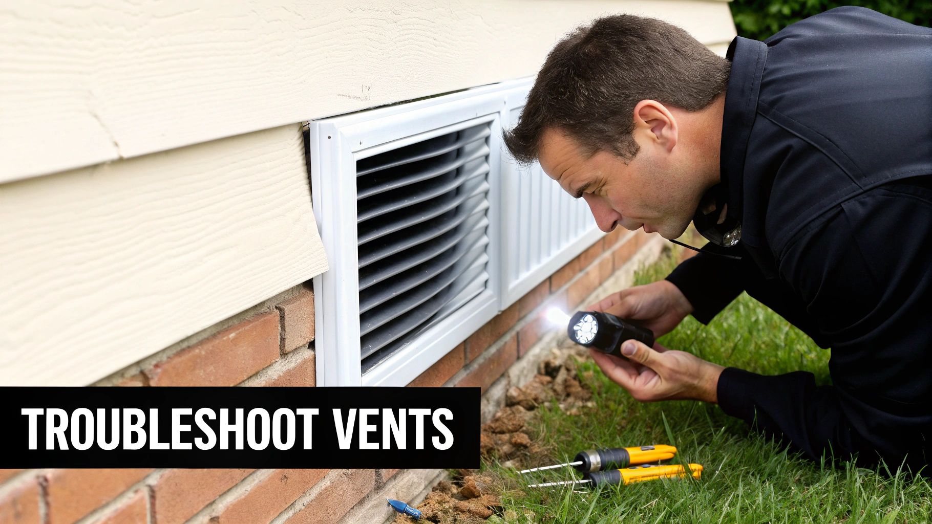 A man inspects outdoor foundation vents on a house with a flashlight, troubleshooting potential issues.