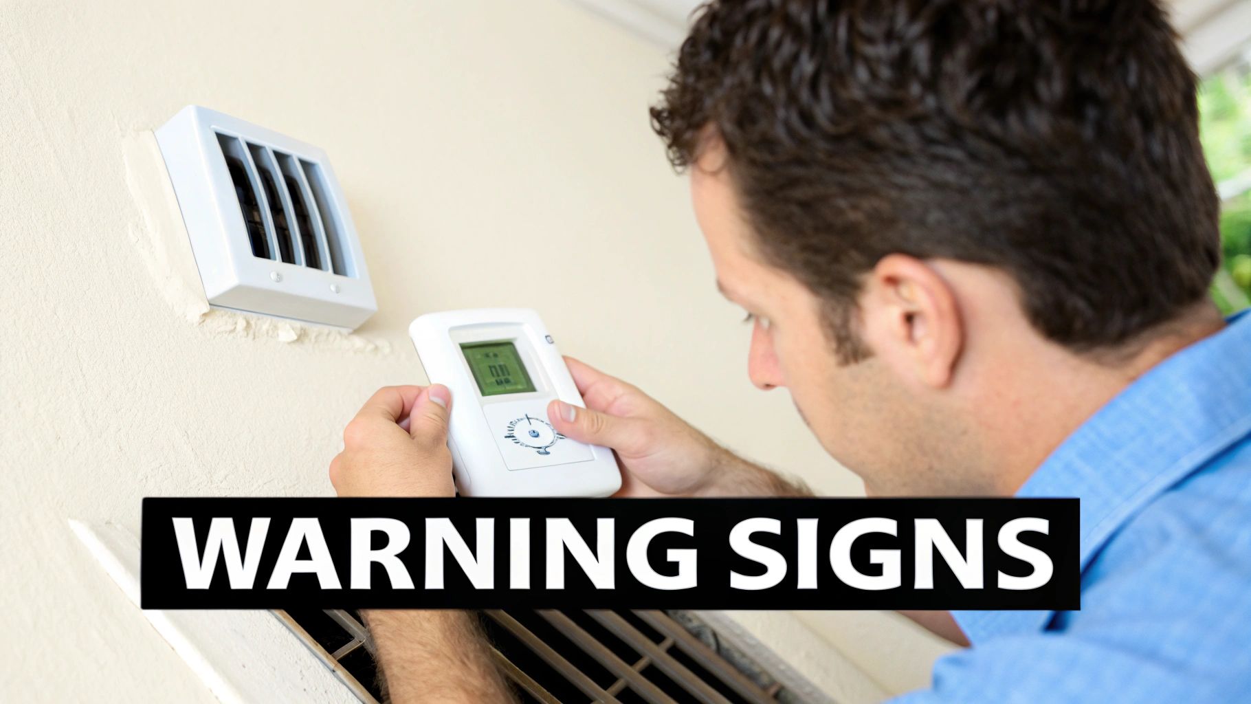 A man monitors a digital device near an air conditioning vent, with 'WARNING SIGNS' overlay.