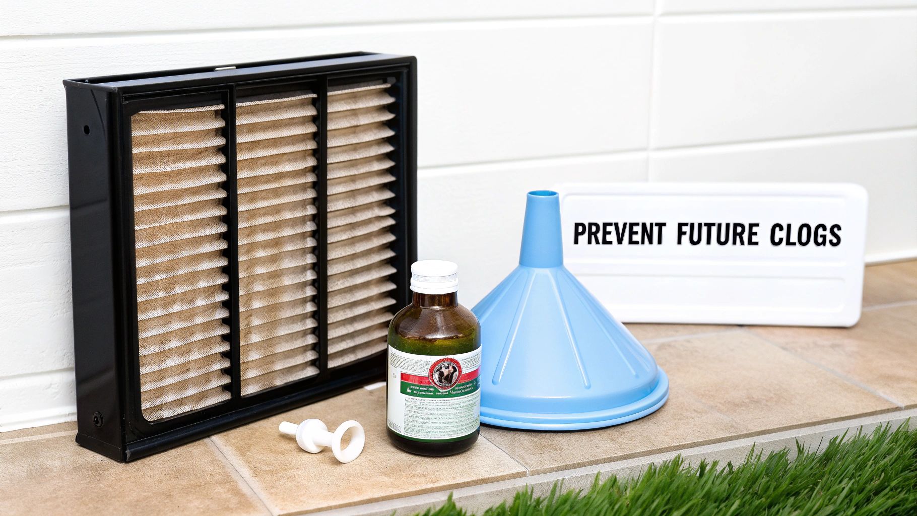 A dirty AC filter, a bottle of liquid, a blue funnel, and a sign saying 'PREVENT FUTURE CLOGS'.