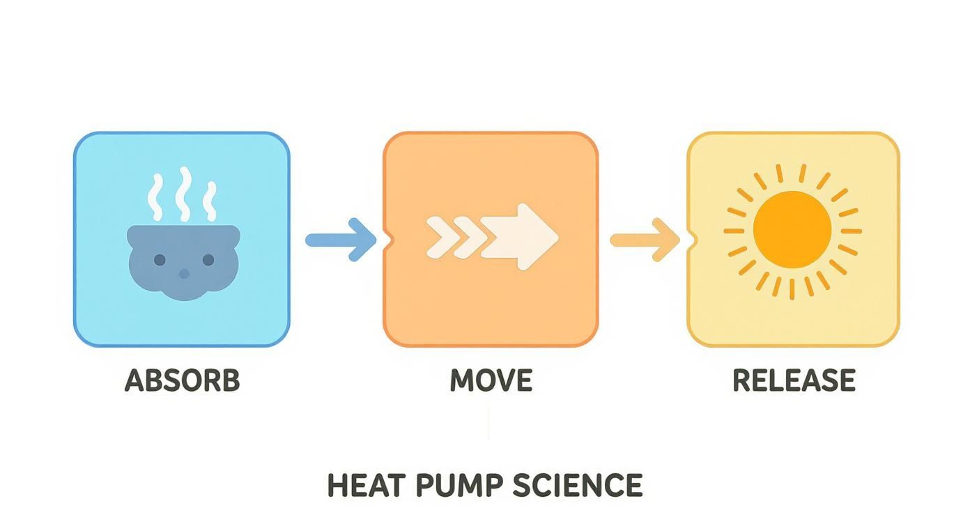 Diagram illustrating heat pump science with steps: absorb (steaming pot), move (arrow), and release (sun).