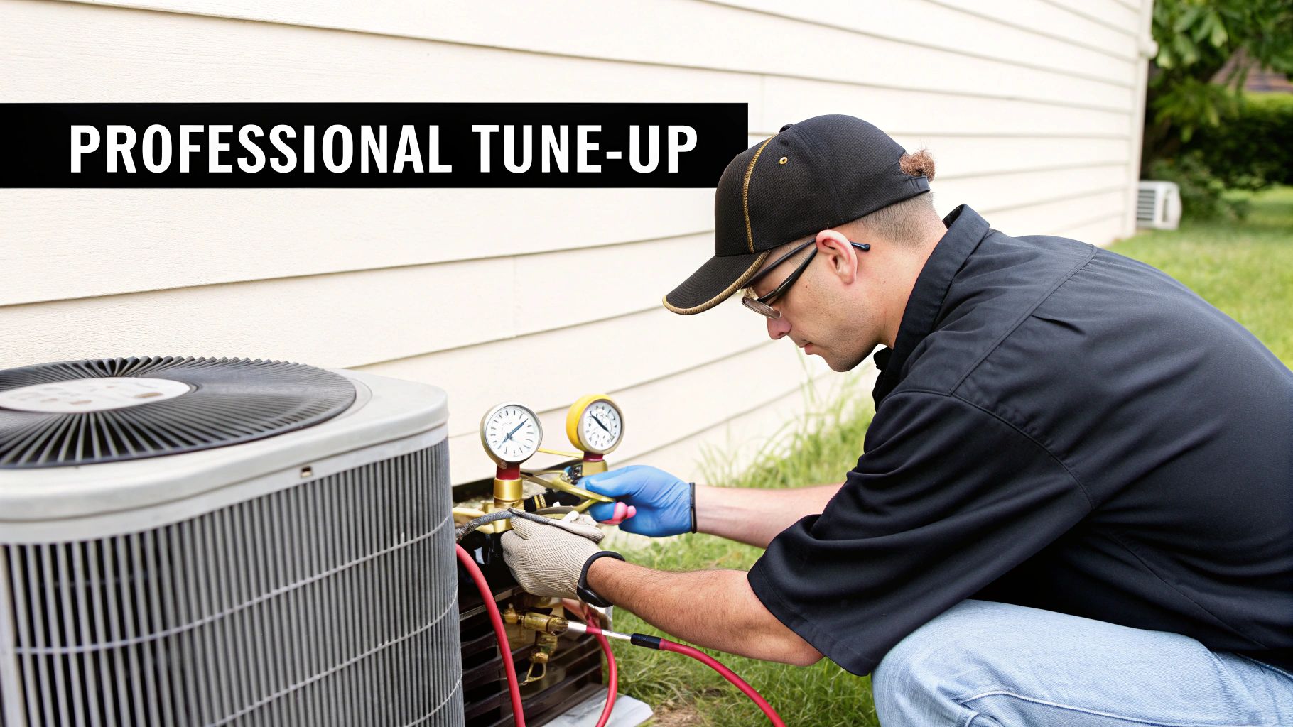 A professional technician in gloves is performing a tune-up on an outdoor air conditioning unit with gauges.