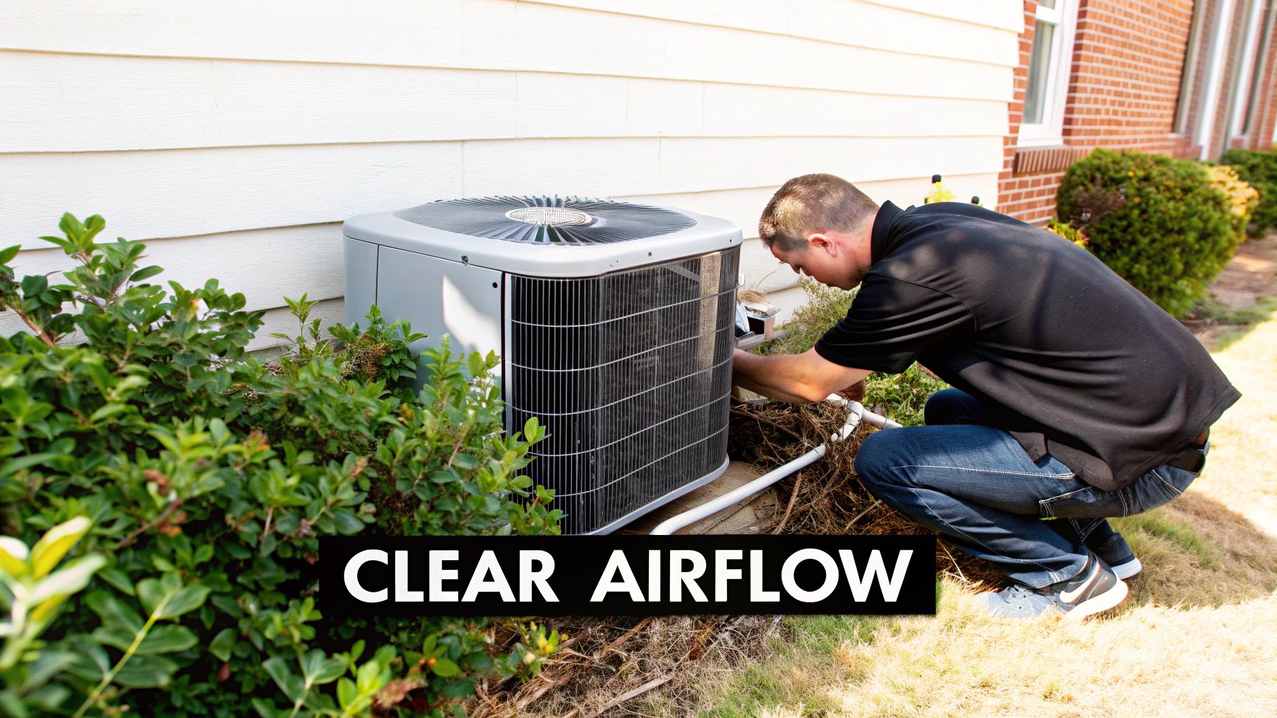 HVAC technician clearing debris and vegetation around outdoor air conditioner unit for proper airflow
