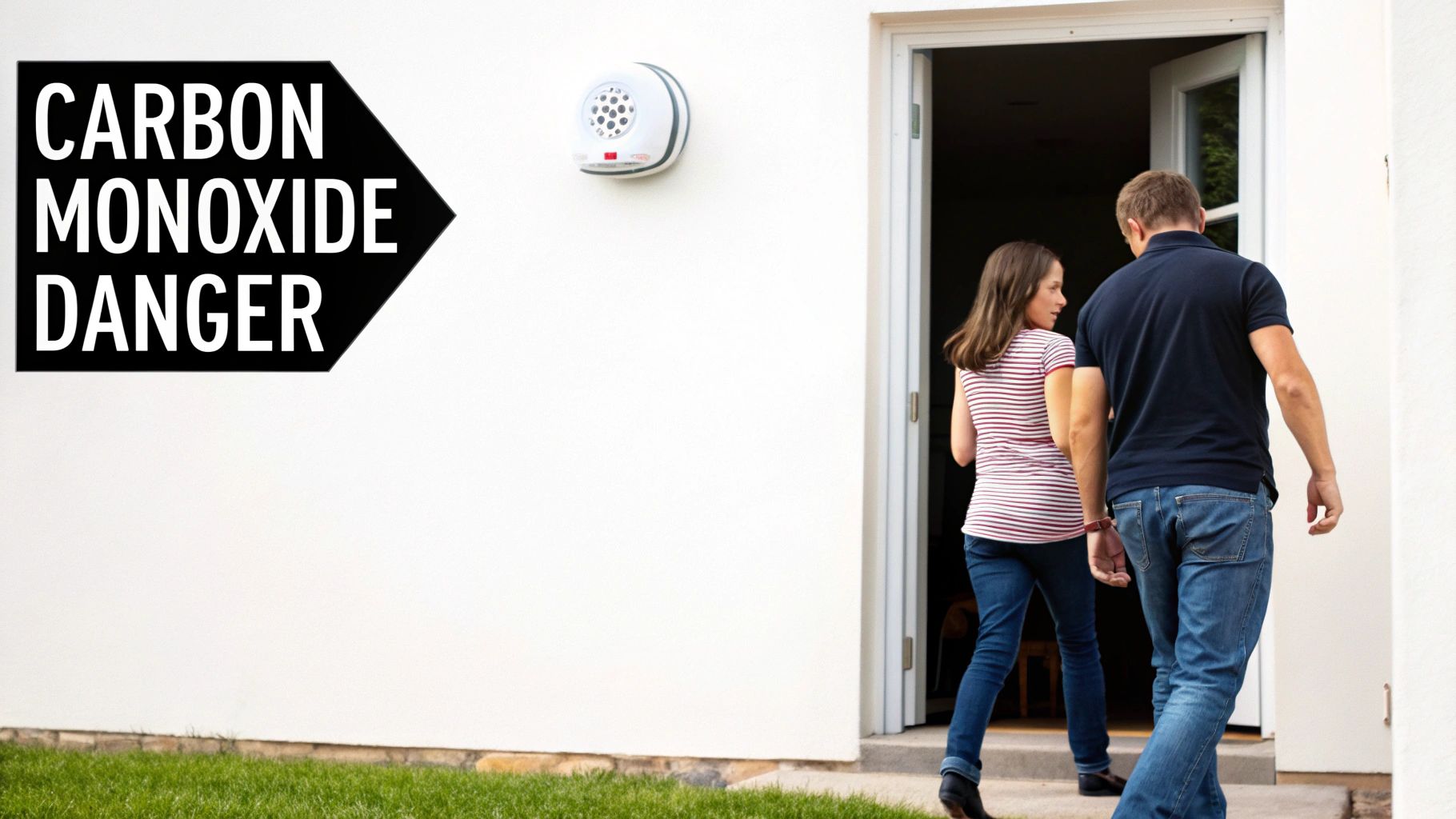 A carbon monoxide danger sign pointing to a detector on a white wall as a man and girl enter a home.