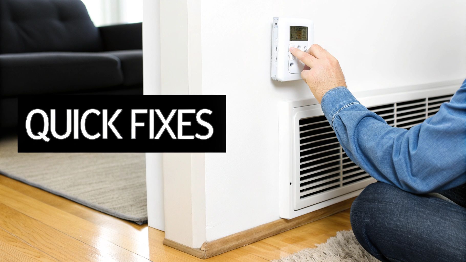 A person's hand adjusts a digital thermostat on a white wall above a heat pump unit.