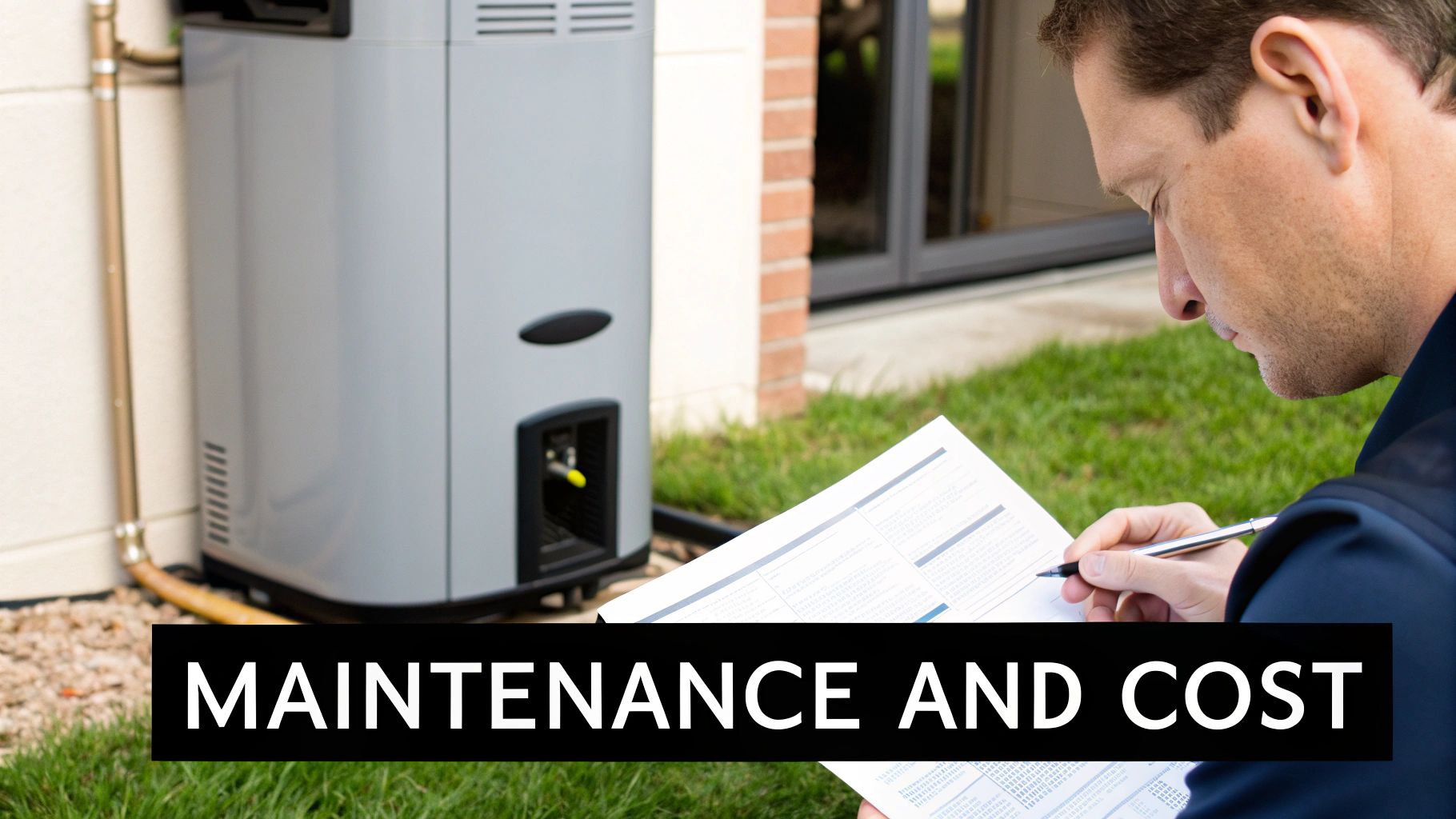 A technician inspects a document outdoors, next to a water heater, discussing maintenance and cost.
