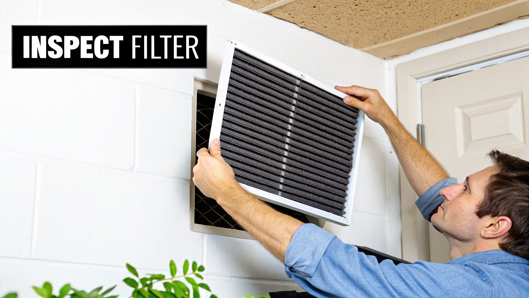 A man is removing a grey air filter from a white wall vent, with "INSPECT FILTER" text visible.