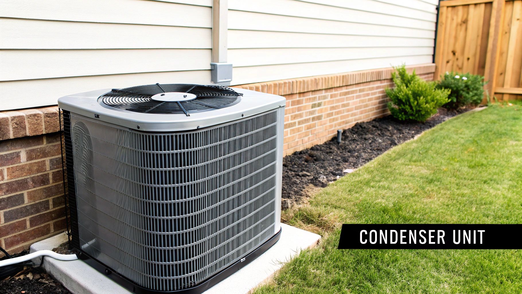 A grey outdoor central air conditioner condenser unit on a concrete pad beside a modern home.