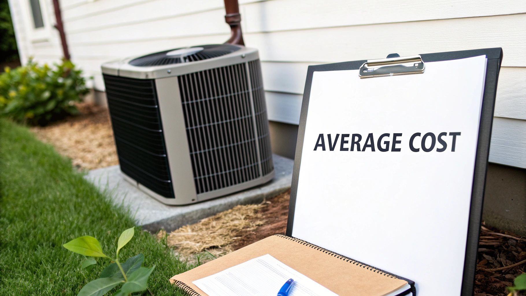 Outdoor air conditioning unit next to a house with a clipboard showing 'AVERAGE COST'.