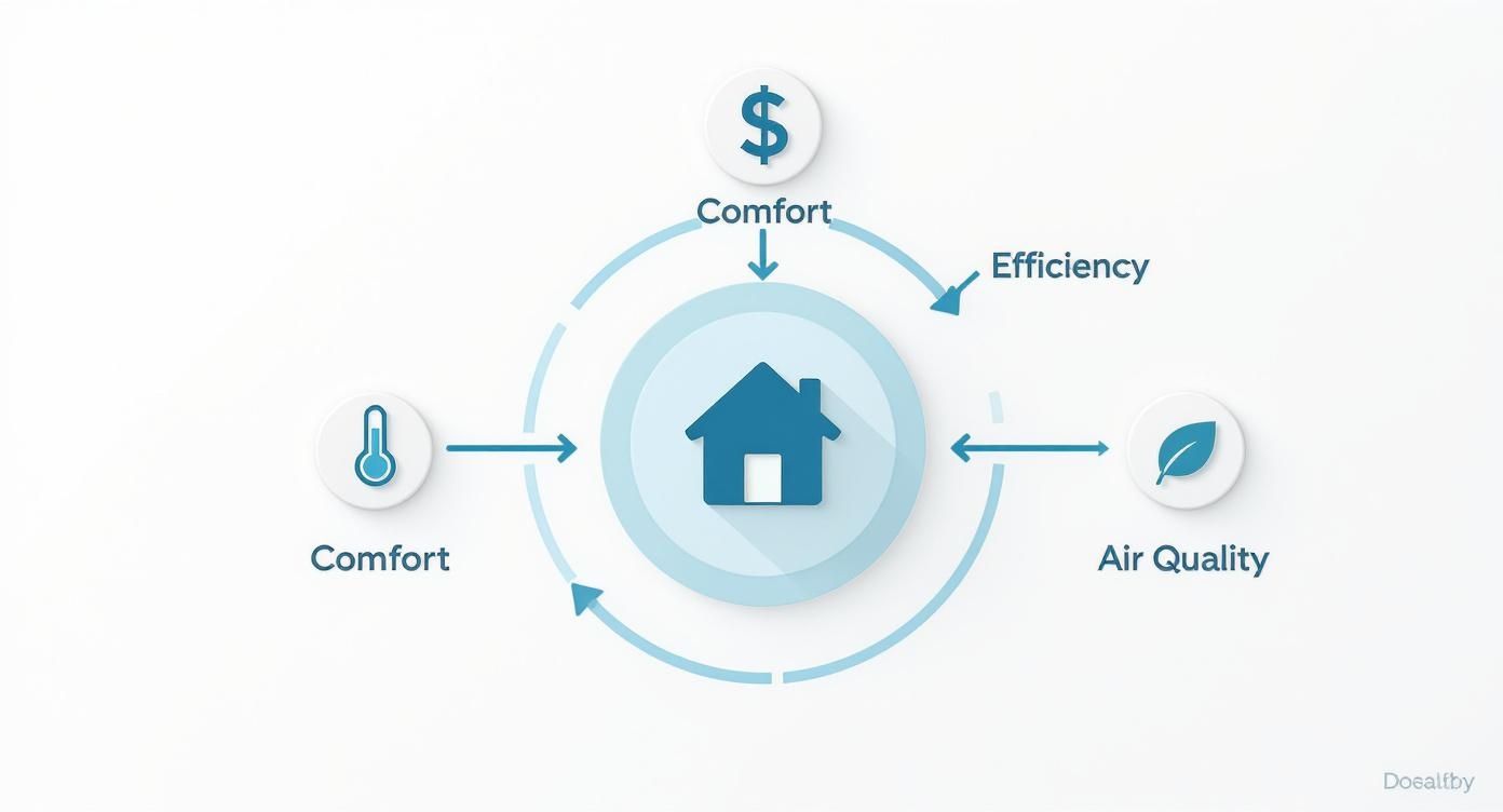 A diagram illustrates a smart home&#39;s comfort and efficiency, connecting temperature, cost, and air quality.