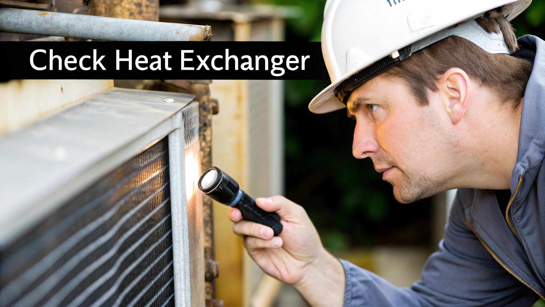 A man in a hard hat inspects a heat exchanger with a flashlight during a check.