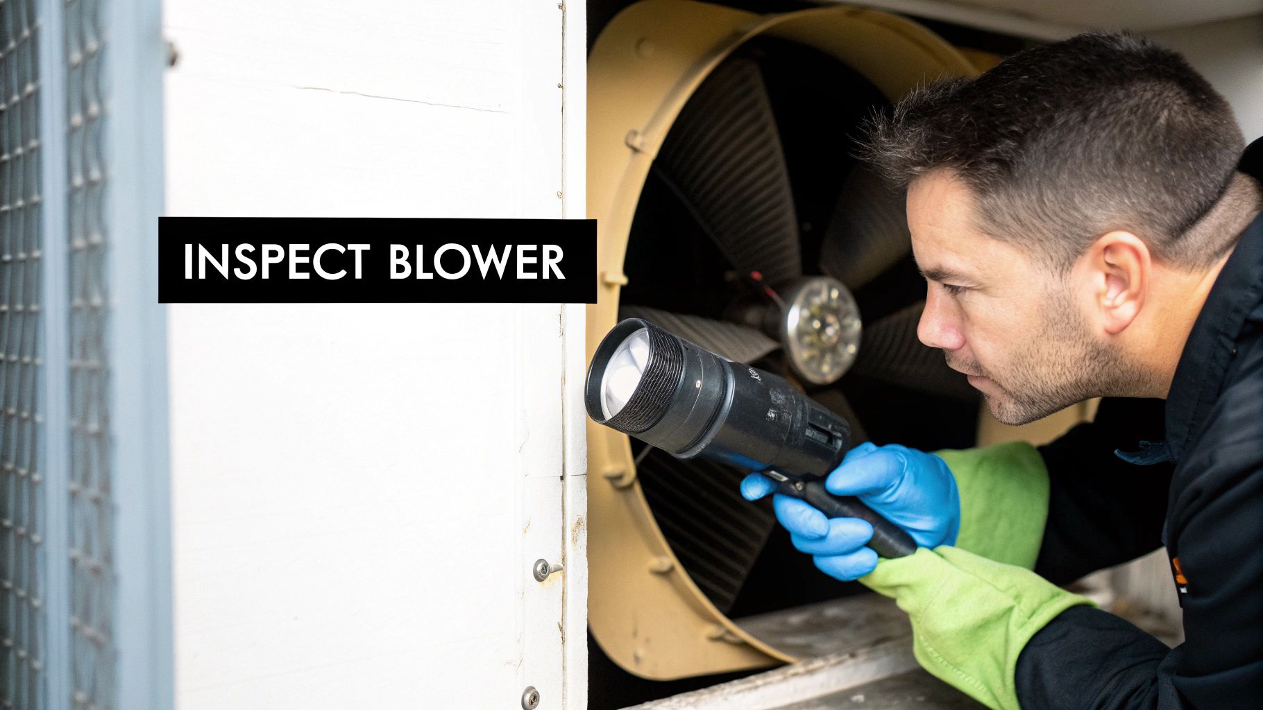 A technician wearing blue and green gloves uses a flashlight to inspect an HVAC blower unit.