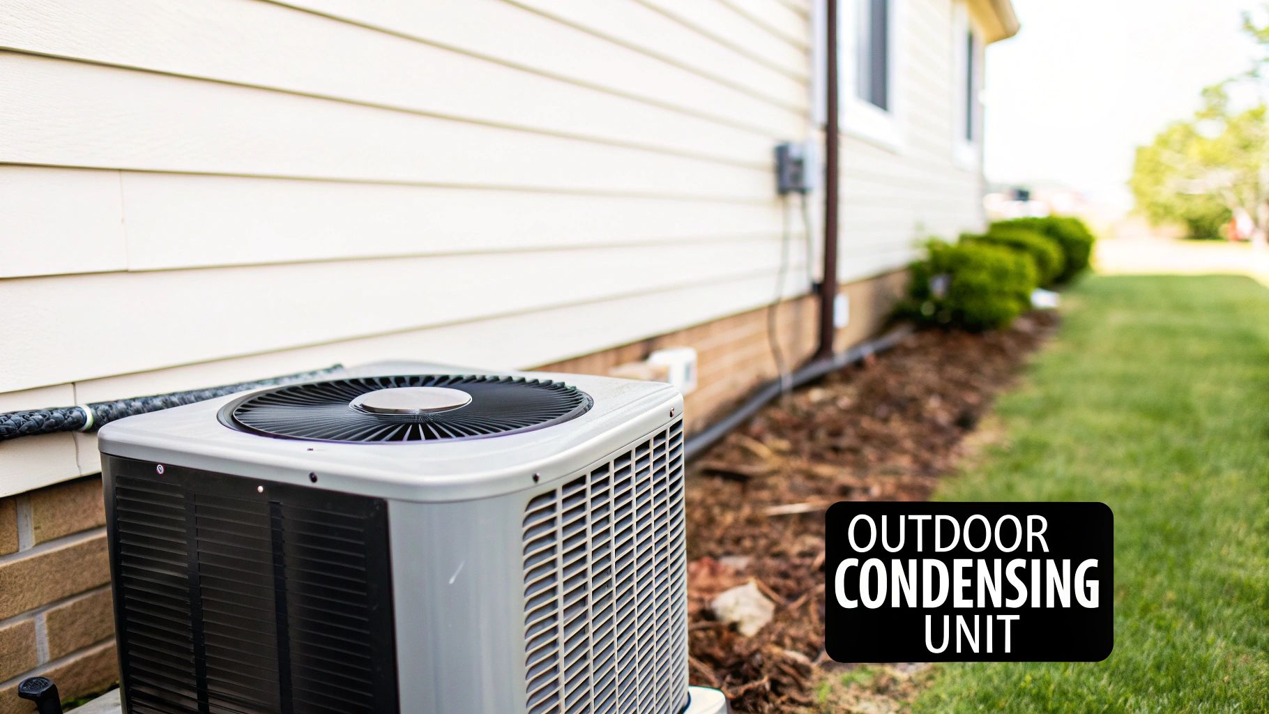 A gray outdoor condensing unit for central air conditioning sits next to a house with light siding.