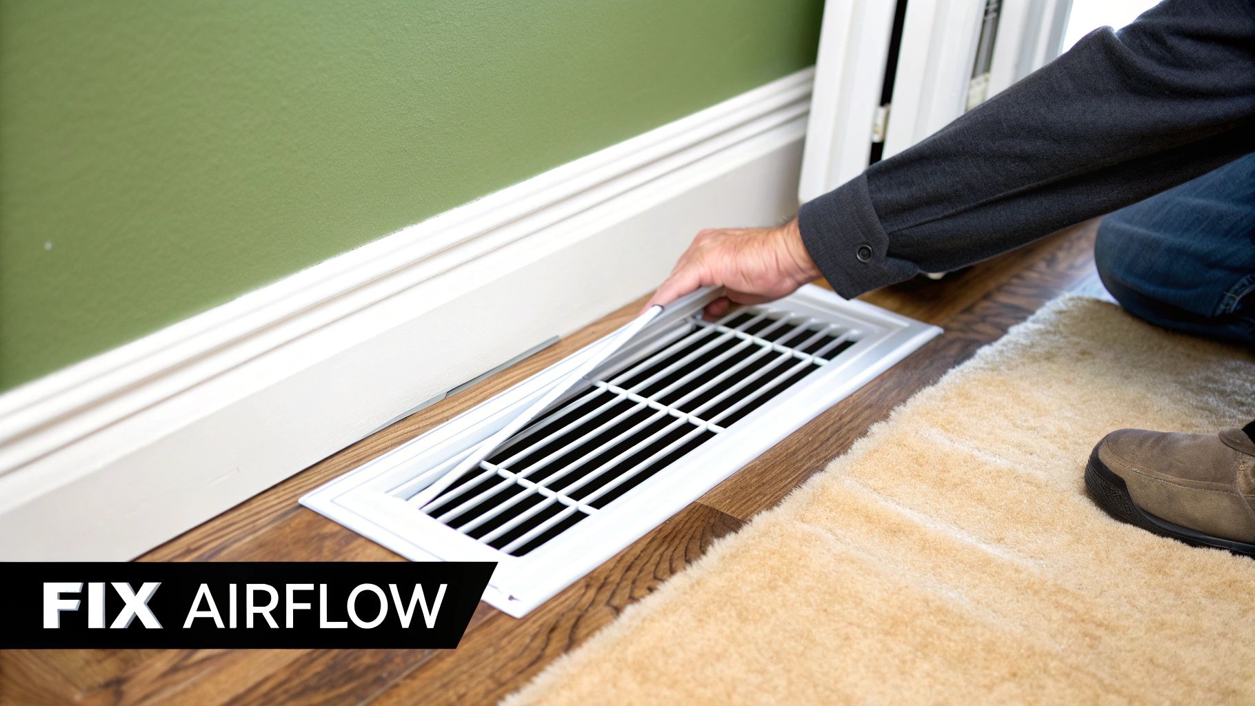 A person's hand adjusts a white floor air vent on a wooden floor next to a green wall.
