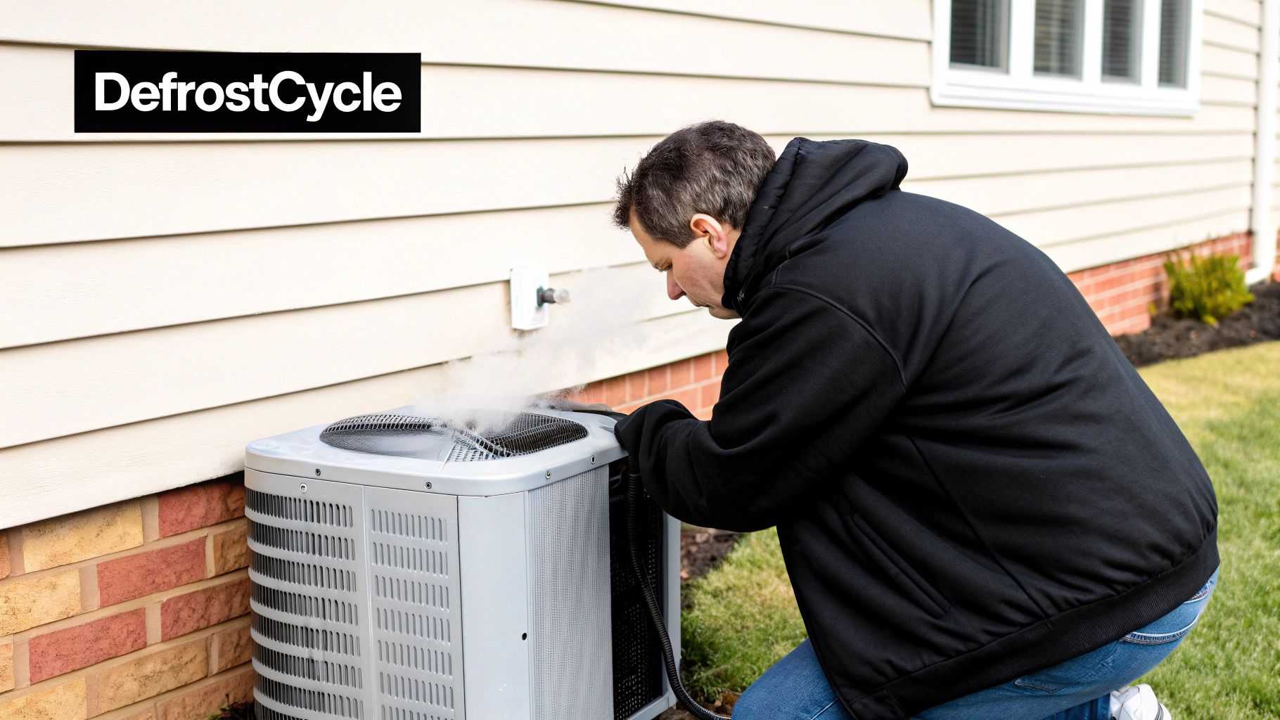 A man in a black hoodie kneels, inspecting an outdoor heat pump emitting steam during its defrost cycle.