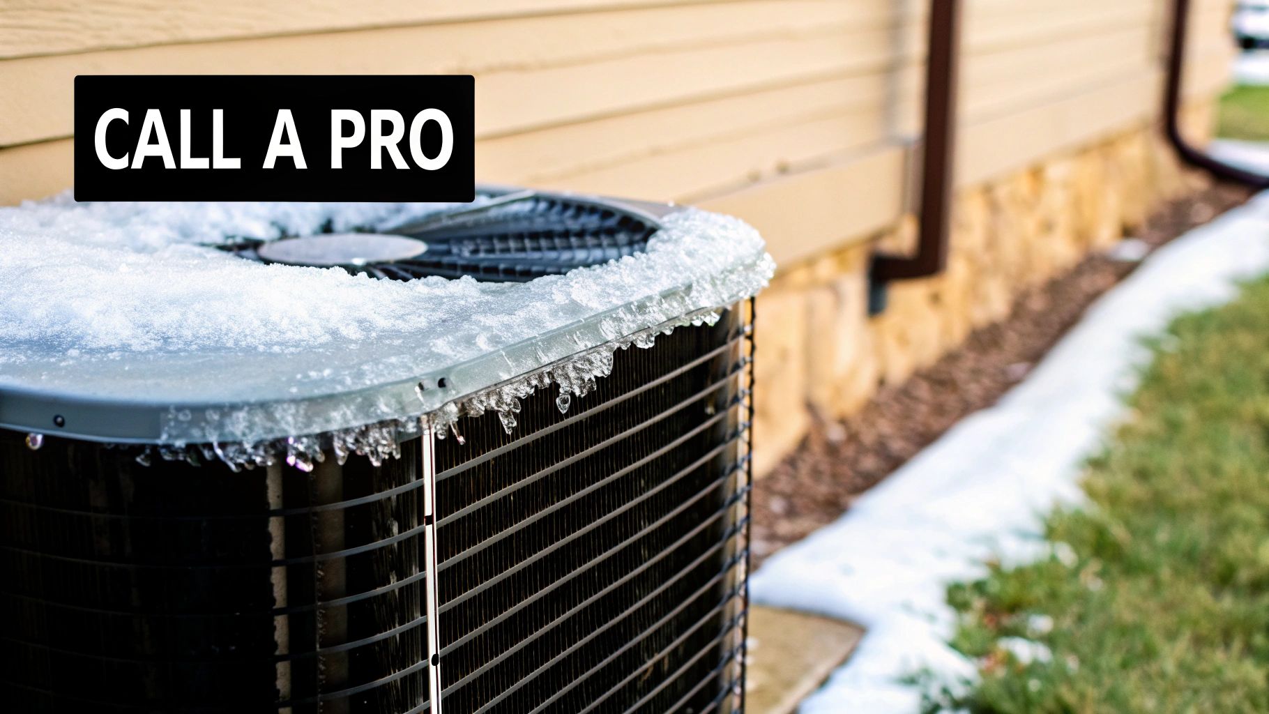 A frozen outdoor AC unit covered in snow and ice, with a 'CALL A PRO' sign on it.