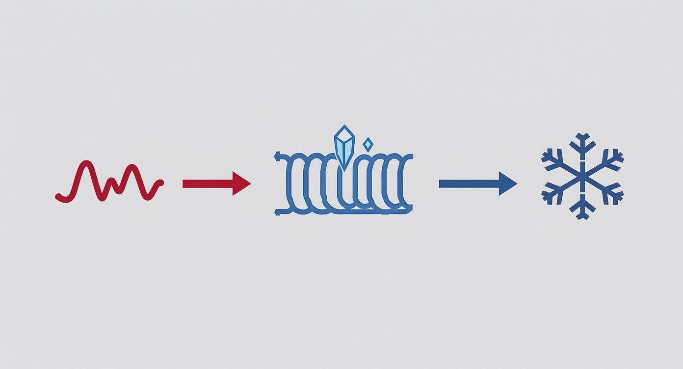 Diagram showing central air conditioning heat transfer process from warm air through coils to cold output
