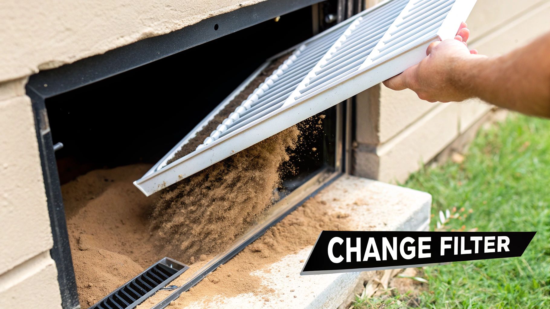 A person removes a heavily soiled air filter from a wall unit, spilling a large amount of dirt and sand.