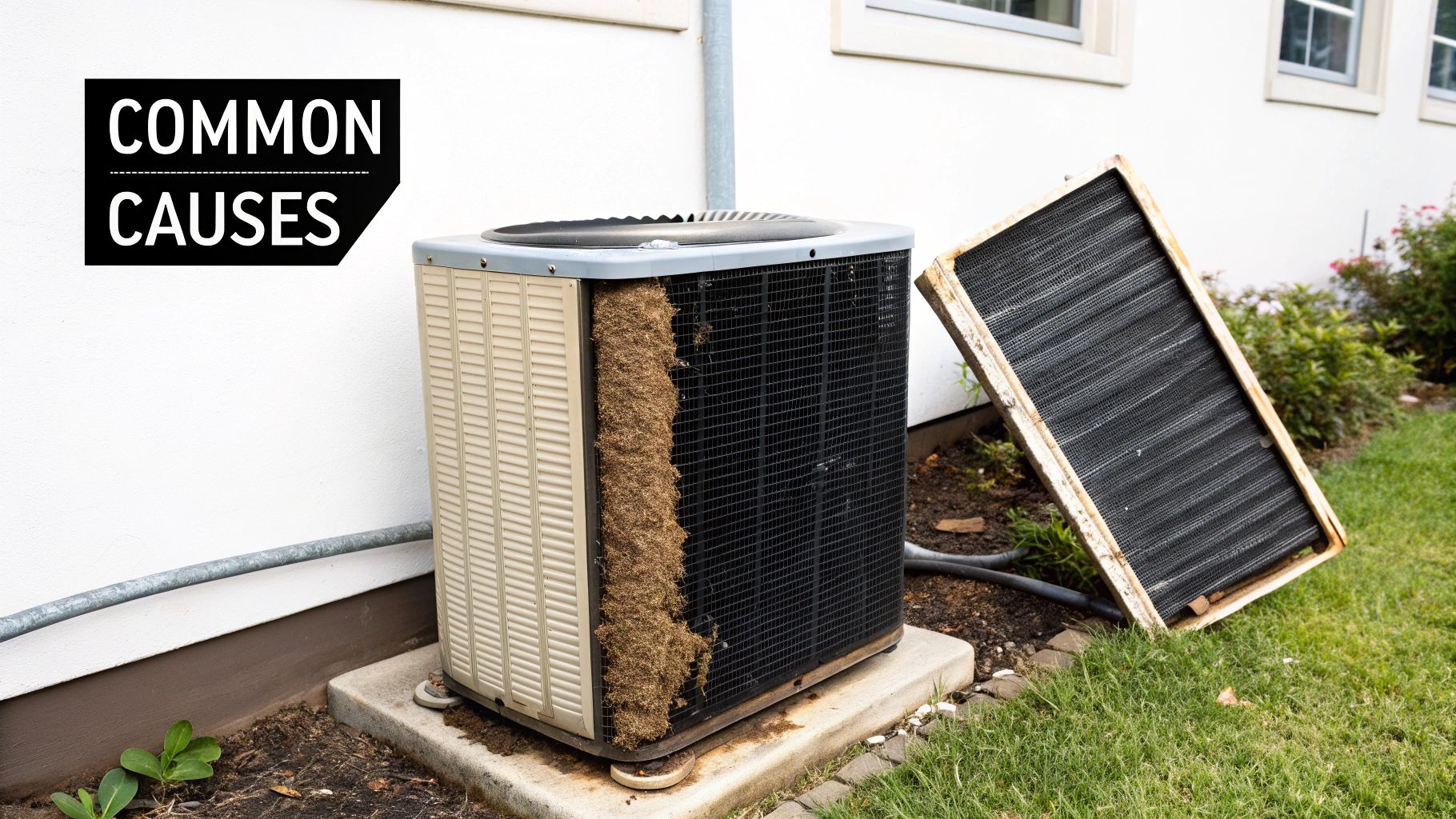 A very dirty outdoor air conditioning unit with a removed panel revealing a debris-clogged coil.