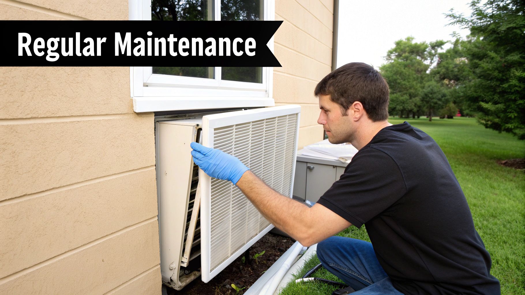 A man wearing blue gloves performs regular maintenance by removing a filter from an outdoor AC unit.