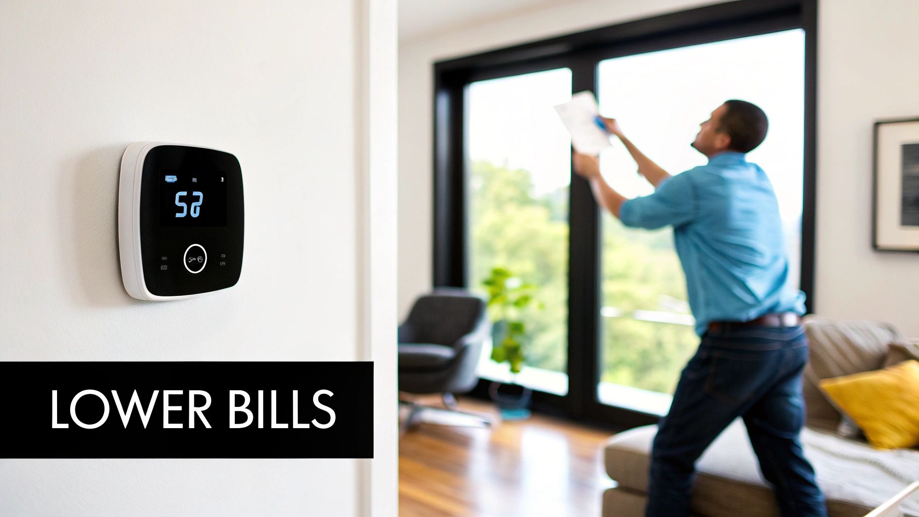 Smart thermostat set to 52 degrees for energy savings, with 'LOWER BILLS' text and a person cleaning a window.