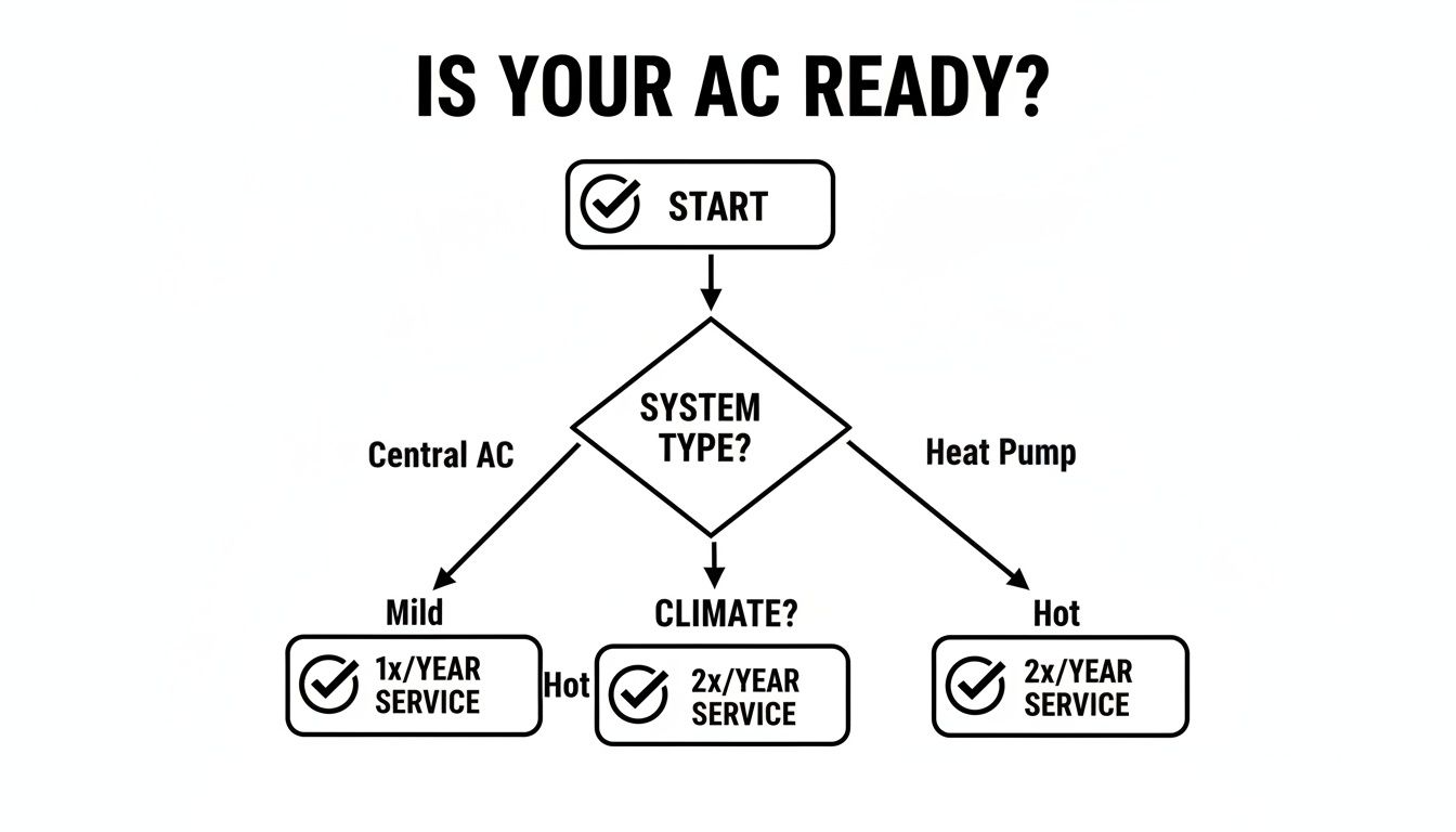 Flowchart guiding AC service frequency based on system type (Central AC, Heat Pump) and climate (Mild, Hot).
