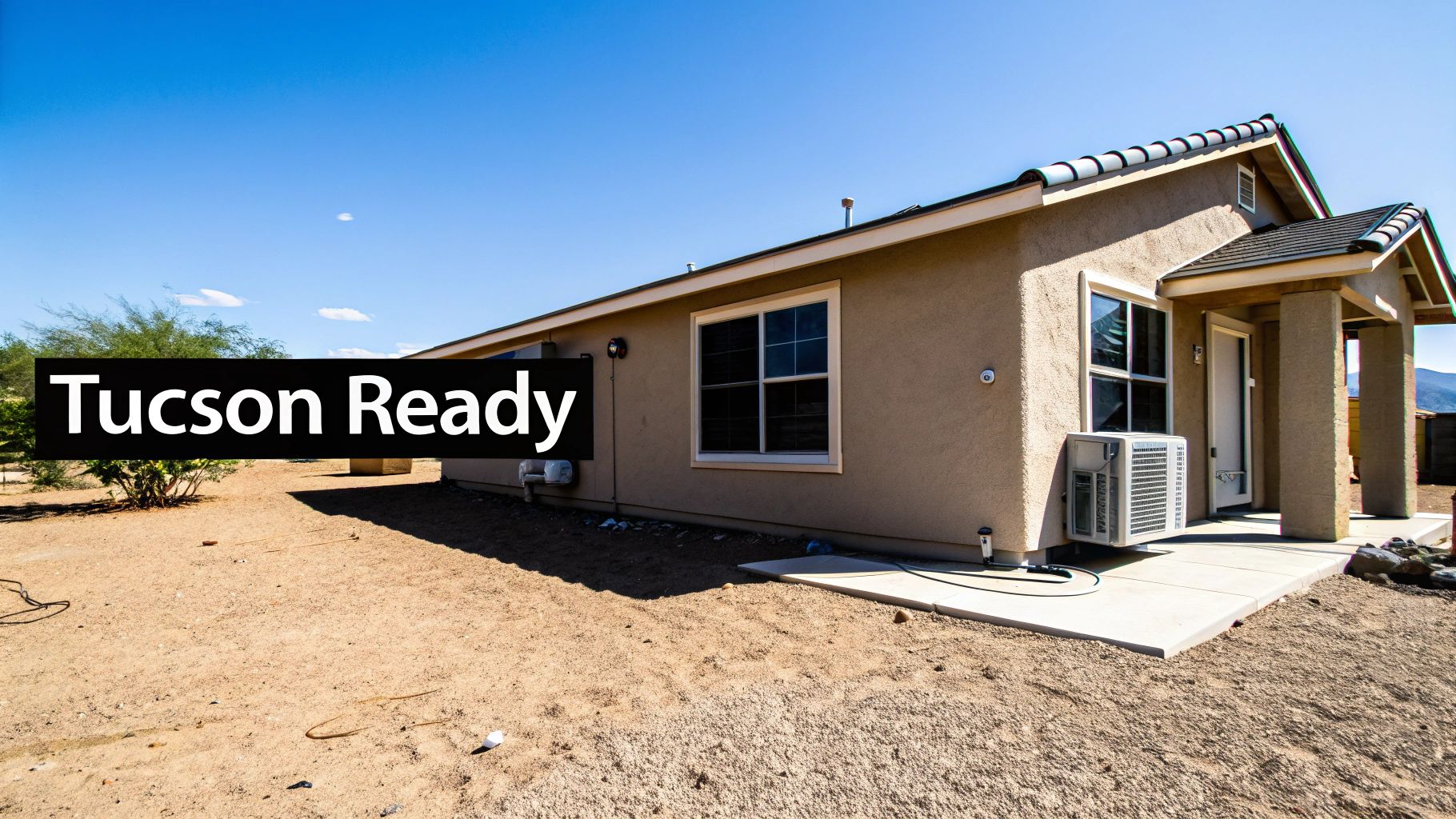 New single-story tan stucco home with air conditioning unit installed in Tucson Arizona