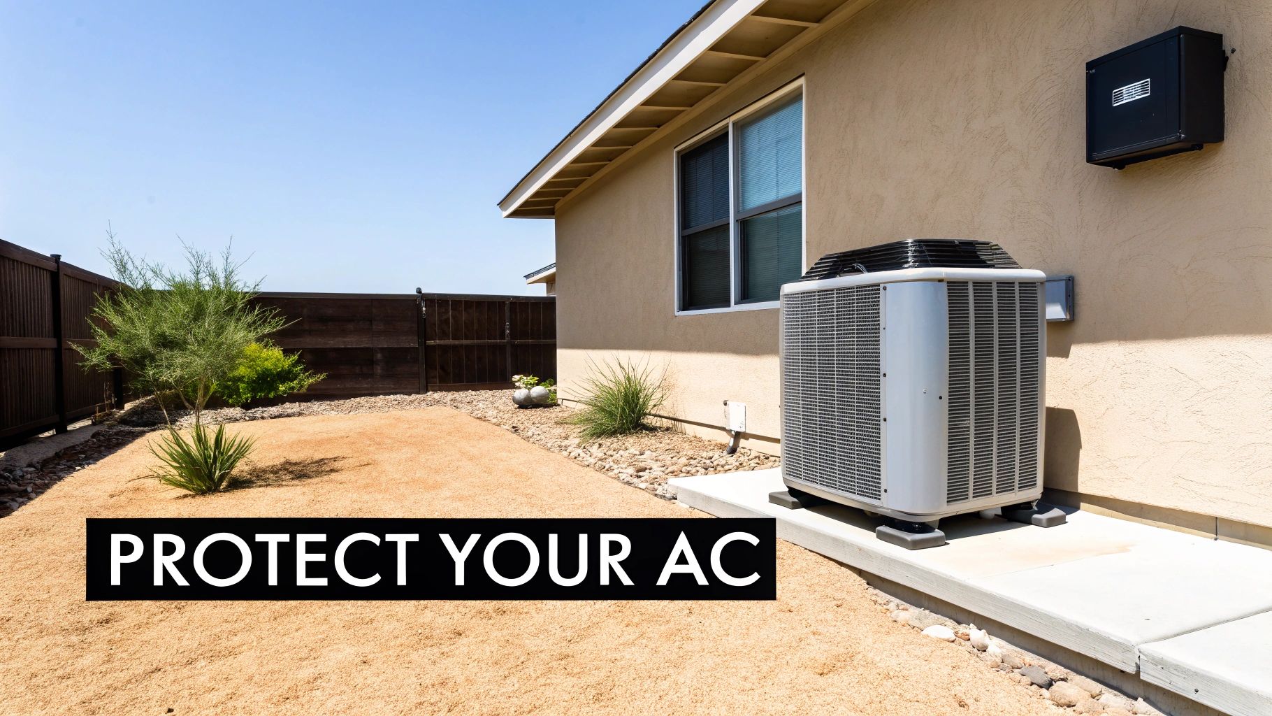 An outdoor air conditioning unit next to a beige house in a dry, landscaped backyard with text “PROTECT YOUR AC”.