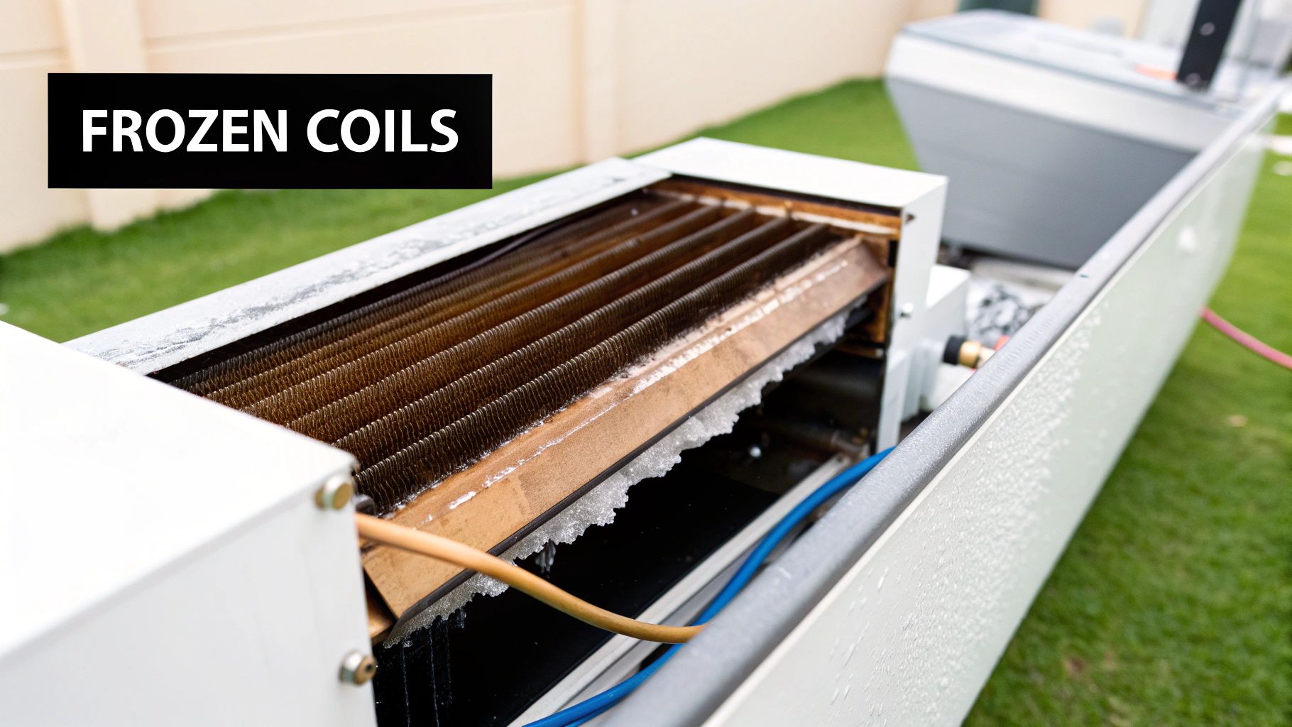 An outdoor air conditioner with severely frozen evaporator coils on a green lawn, indicating a cooling issue.