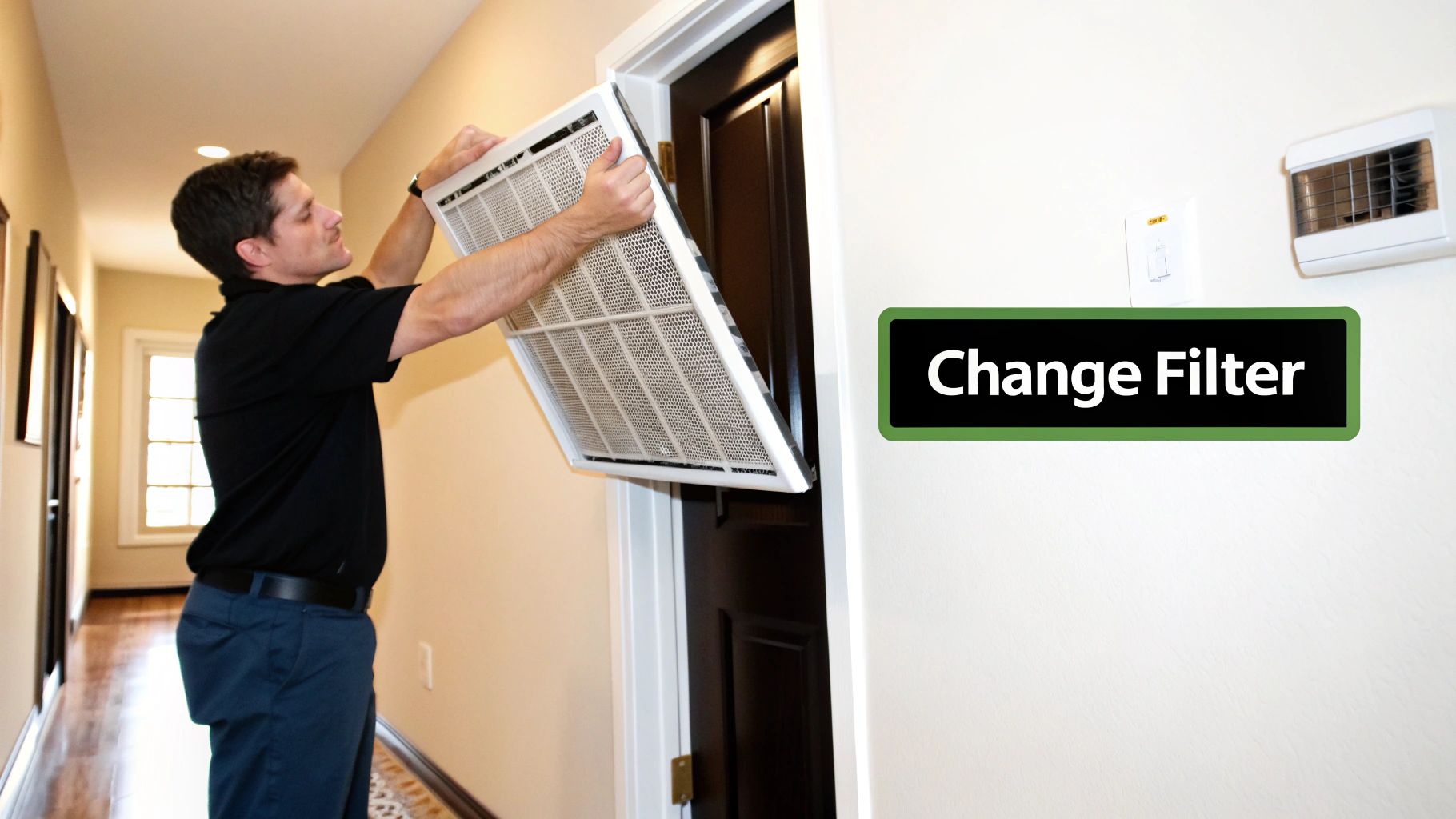 A man in a black shirt replaces a white air filter in a wall vent, with 'Change Filter' text.