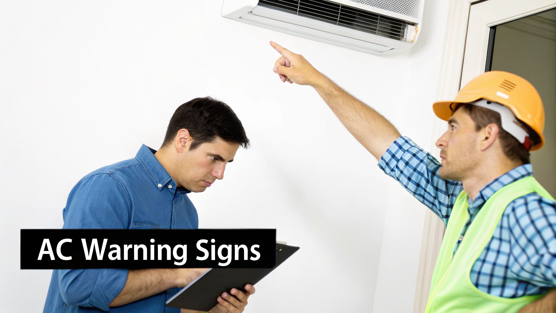 A technician in a hard hat points to an AC unit while another man notes 'AC Warning Signs' on a clipboard.