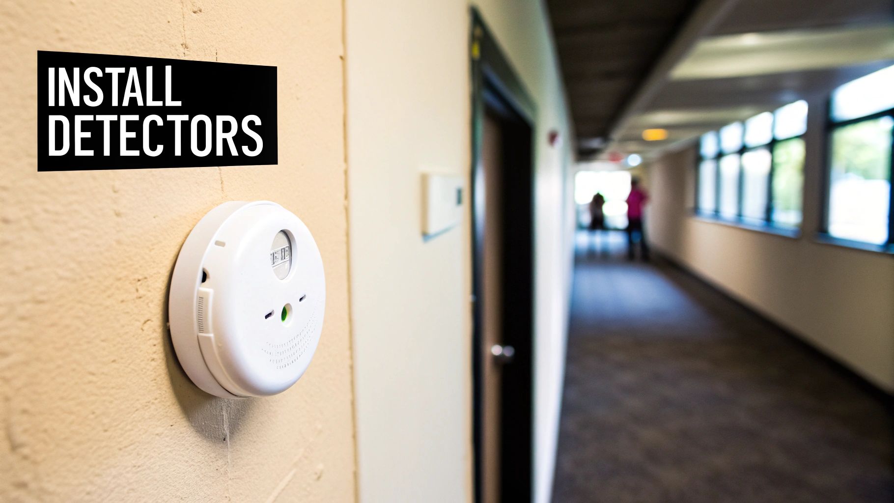 A carbon monoxide detector plugged into a wall outlet in a home hallway.