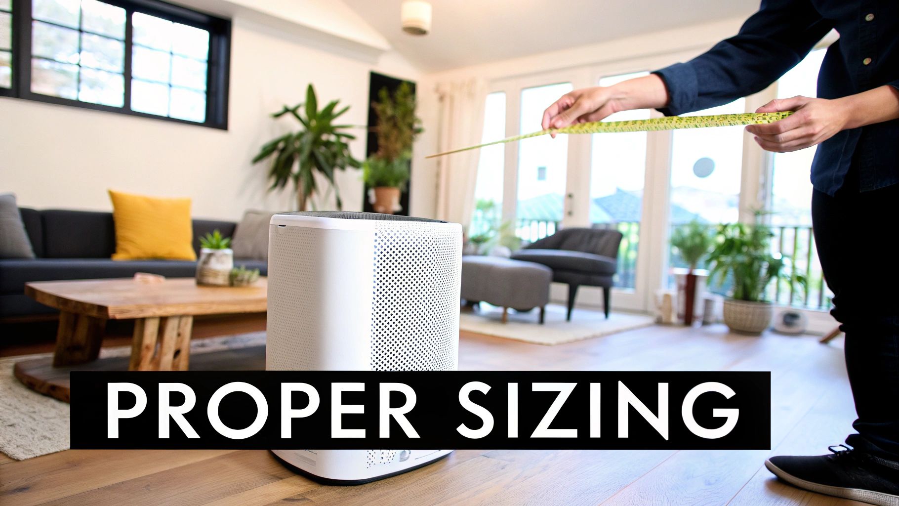 Person measuring a white air purifier in a modern living room to ensure proper sizing.