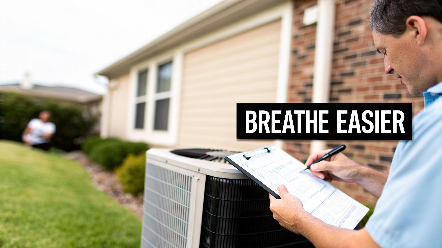 A clean central air conditioning unit outside a modern home, surrounded by neat landscaping.