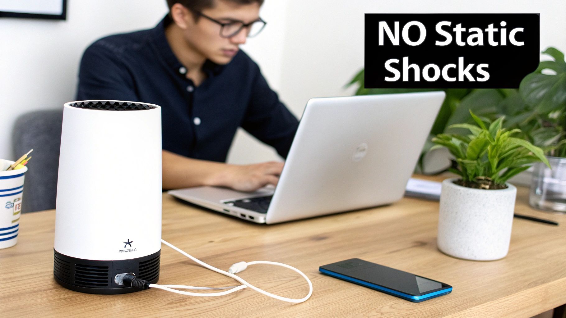 A person works on a laptop at a desk with a white humidifier, preventing static shocks.