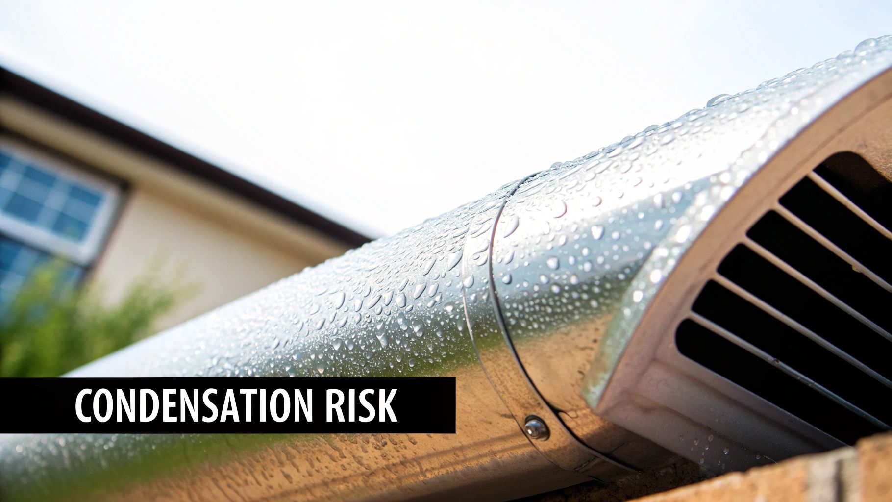 Close-up of a metal air duct or vent covered in many water droplets, indicating condensation.
