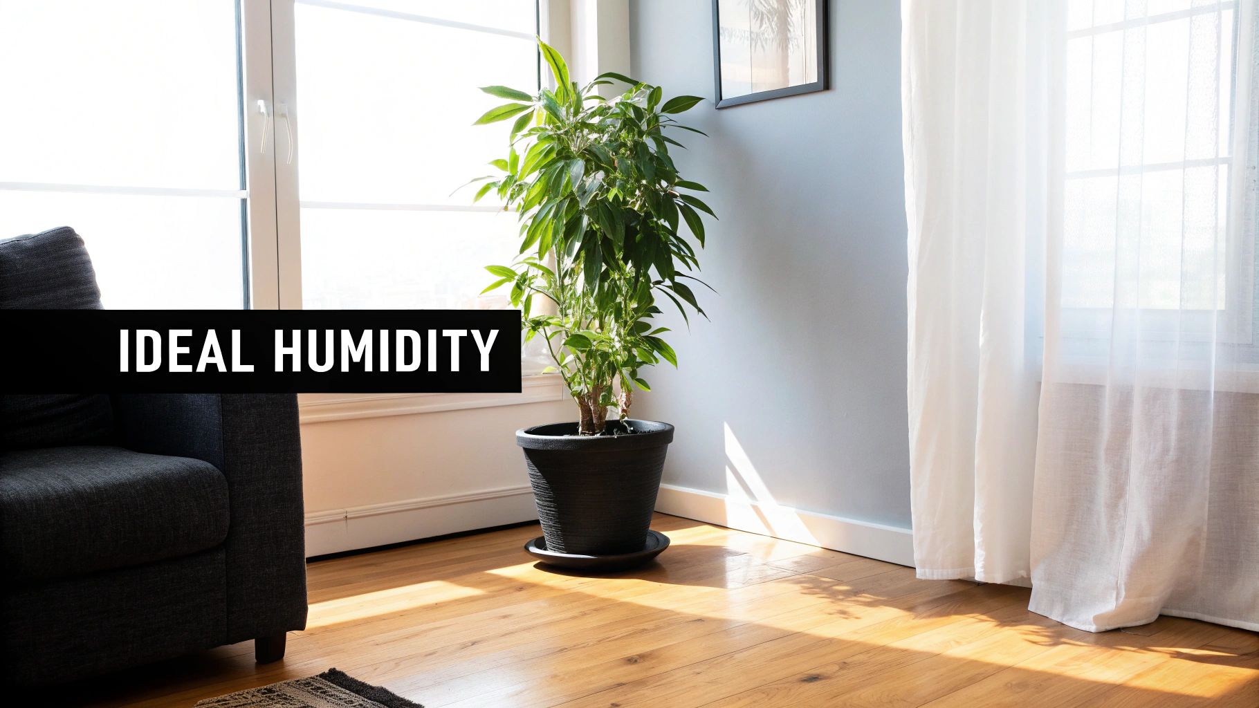 A bright living room featuring a large window, a lush green plant, and a cozy couch, with "IDEAL HUMIDITY" text overlay.