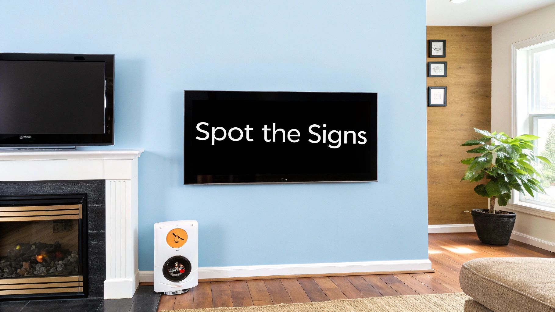 A cozy living room with a fireplace, two TVs, a potted plant, and a light blue wall.