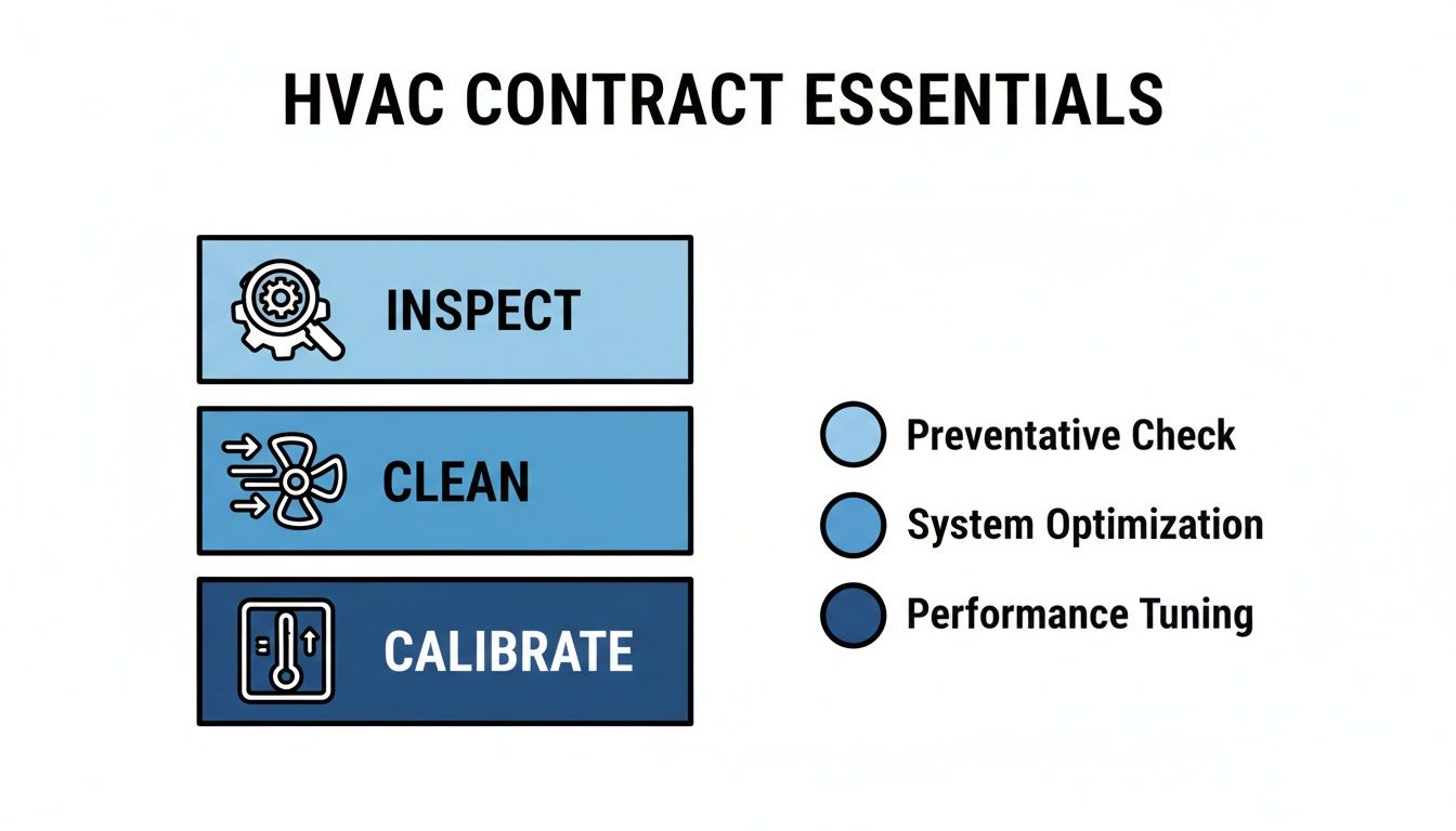 An infographic detailing HVAC contract essentials with steps: inspect, clean, calibrate, and service level color codes.