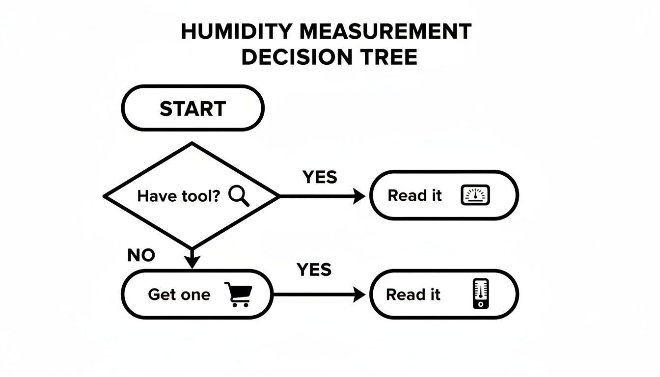 A decision tree flowchart outlining the steps to measure humidity, starting with checking for a tool.