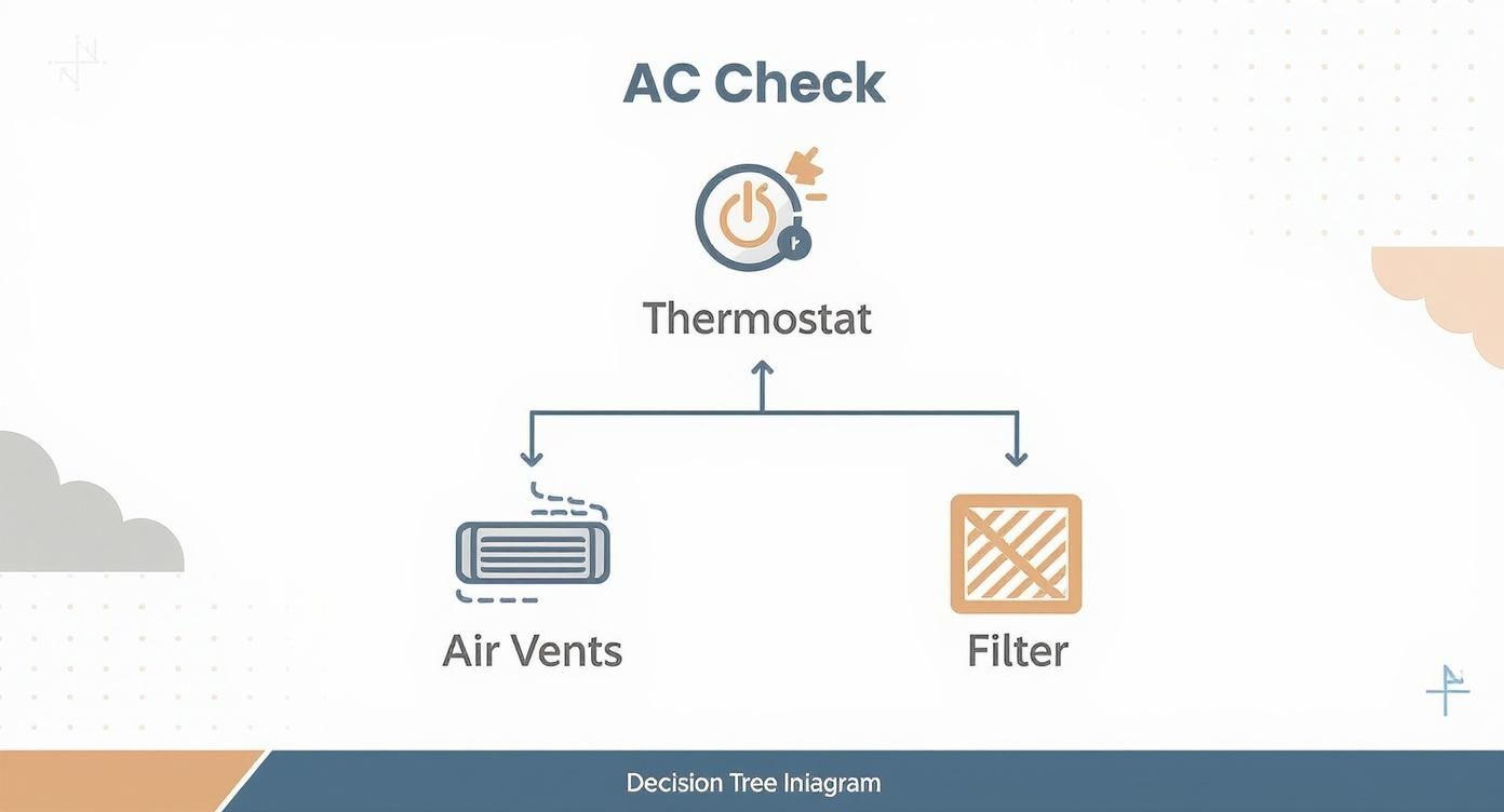Decision tree diagram showing AC check flow from thermostat to air vents and filter components