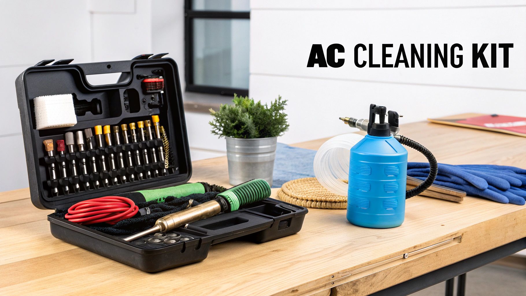 A comprehensive AC cleaning kit with various tools, brushes, a spray bottle, and gloves on a wooden table.