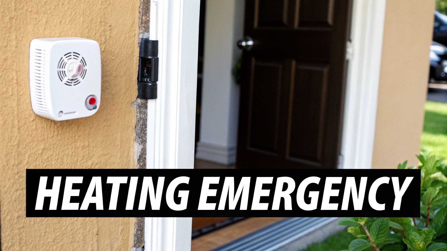 A white pest repeller device on a textured beige wall next to an open door, with 'HEATING EMERGENCY' text overlay.