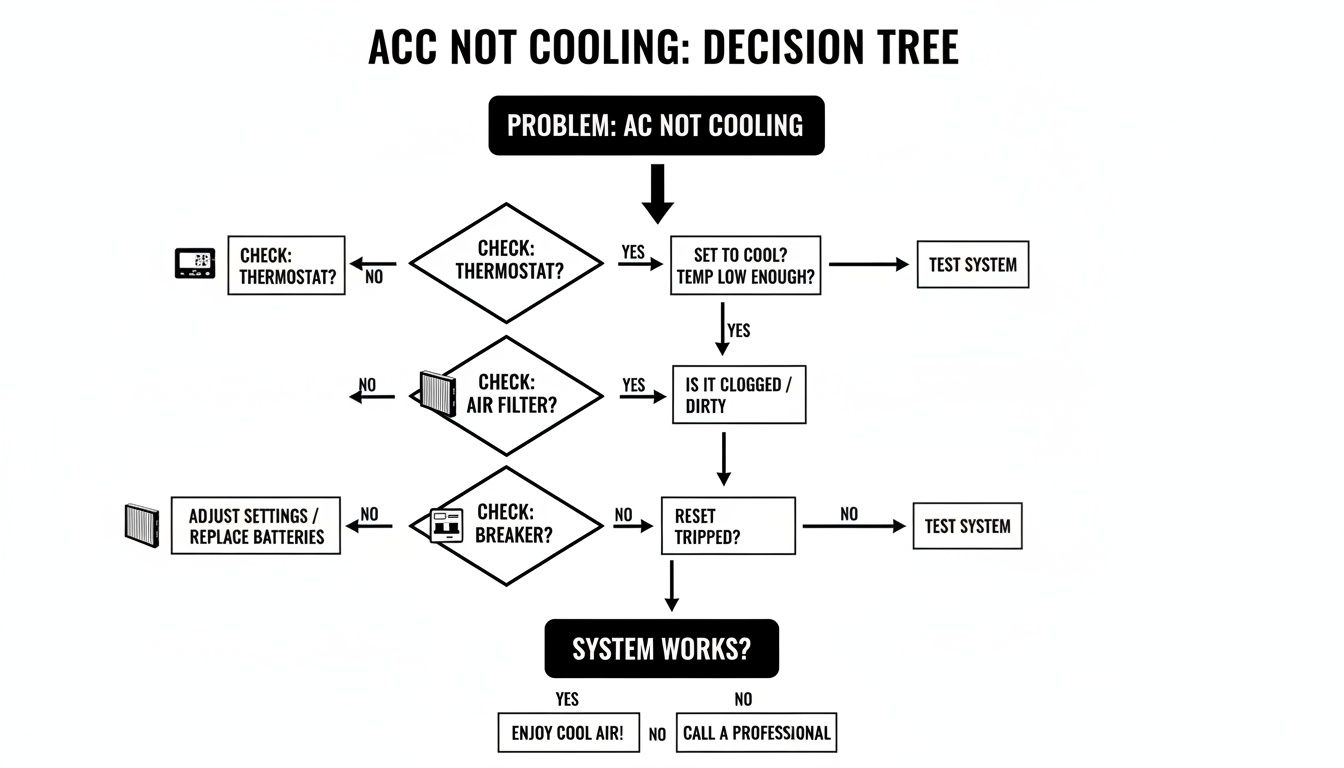 Decision tree flowchart guiding steps to troubleshoot an AC not cooling, checking thermostat, filter, and breaker.