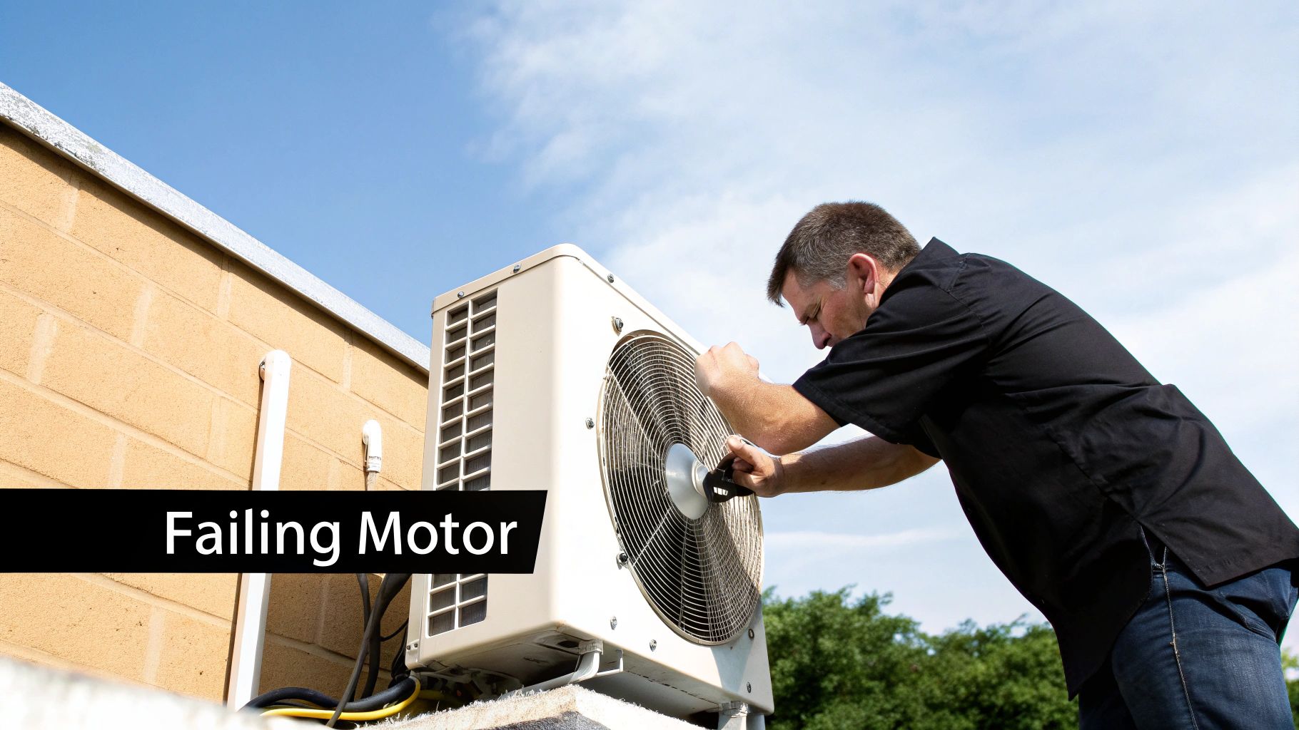 A technician inspects an outdoor air conditioning unit, suggesting a failing motor issue.